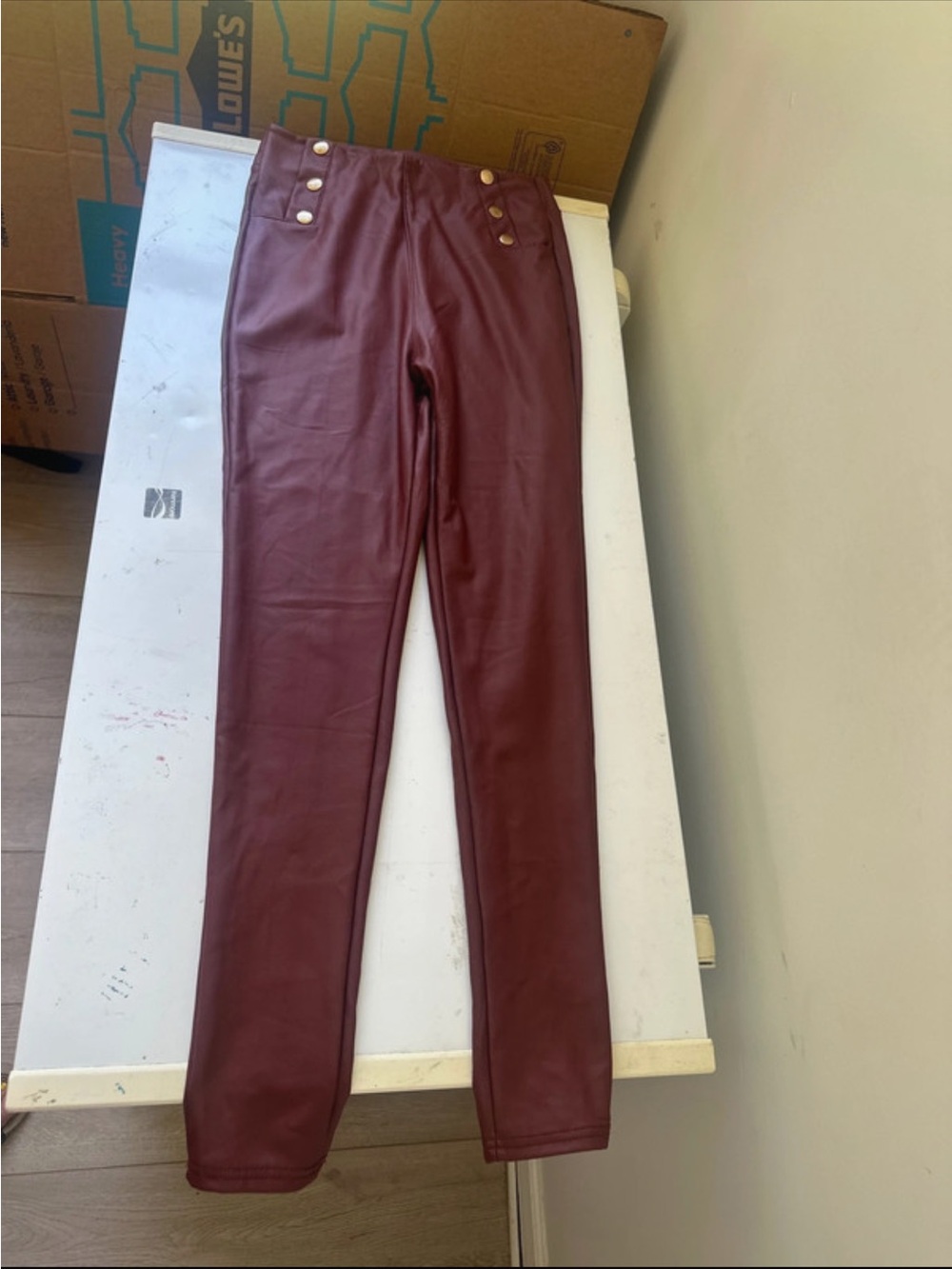 Faux Leather High-Waist Skinny Pants - Burgundy with Gold Buttons